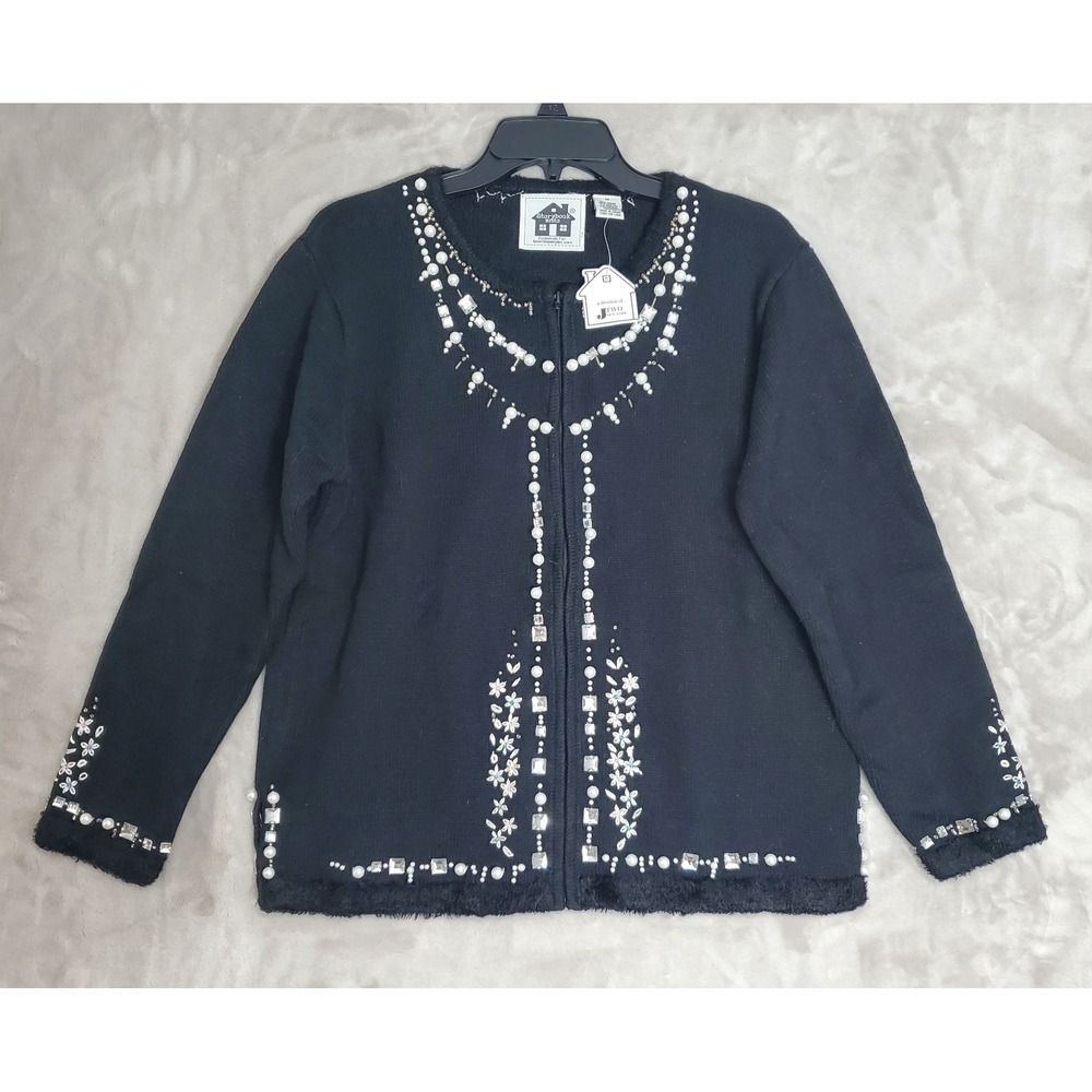 Storybook Knits Sweater Size M Black Floral Jeweled Beaded Pearls Full Zip NWT